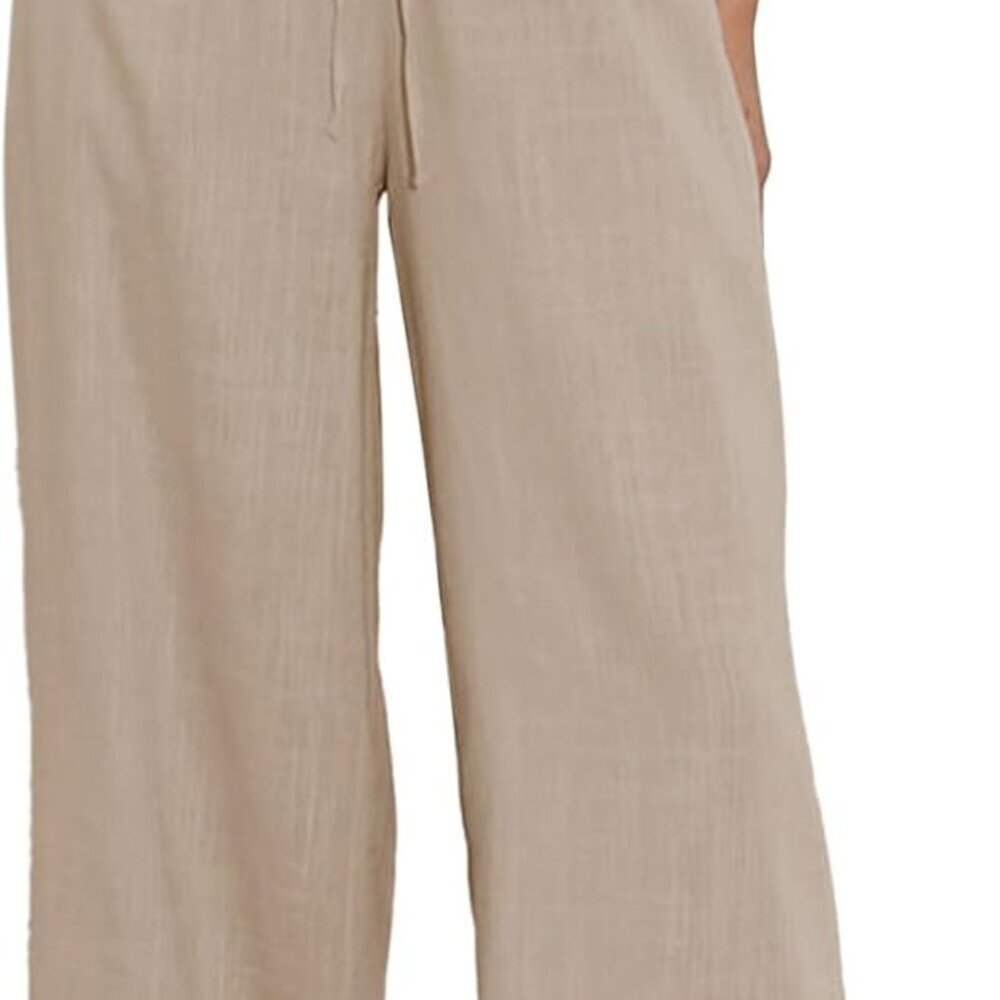 Womens Cotton Linen Palazzo Pants Drawstring Elastic Waist Casual Wide Leg Trous